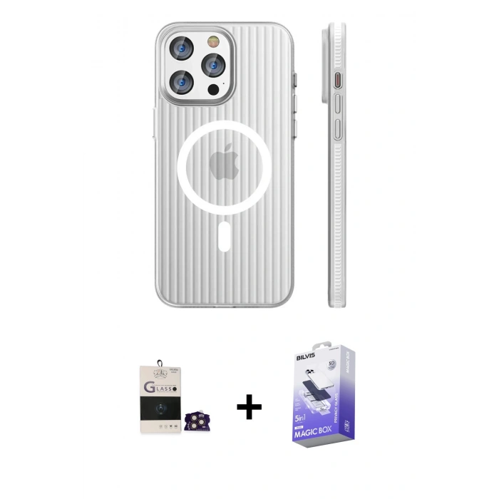 MARSİLYAN™- iPhone 14 Pro Max Kılıf Pusula Minimal Koleksiyonu - Siyah Bilvis 5in1 5D Magic Hayalet Cam Ekran Koruyucu + Bilvis Titan Kamera Lens - GD