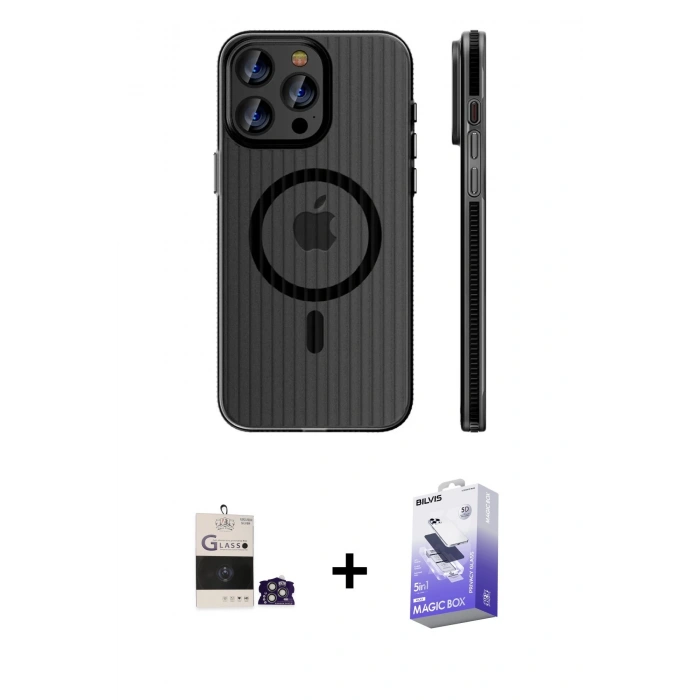 MARSİLYAN™- iPhone 14 Pro Max Kılıf Pusula Minimal Koleksiyonu - Siyah Bilvis 5in1 5D Magic Hayalet Cam Ekran Koruyucu + Bilvis Titan Kamera Lens - GS