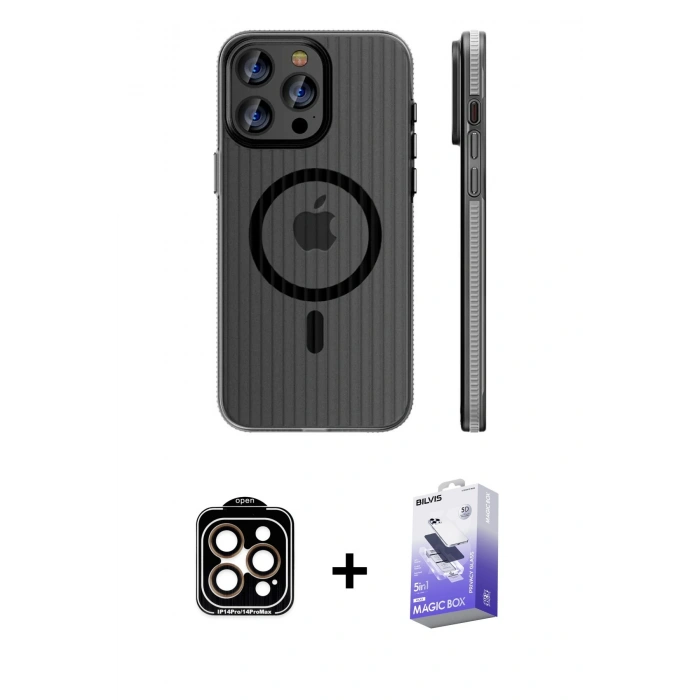 MARSİLYAN™- iPhone 14 Pro Max Kılıf Pusula Minimal Koleksiyonu - Siyah Bilvis 5in1 5D Magic Hayalet Cam Ekran Koruyucu + PVD Metal Kamera Lens - TU