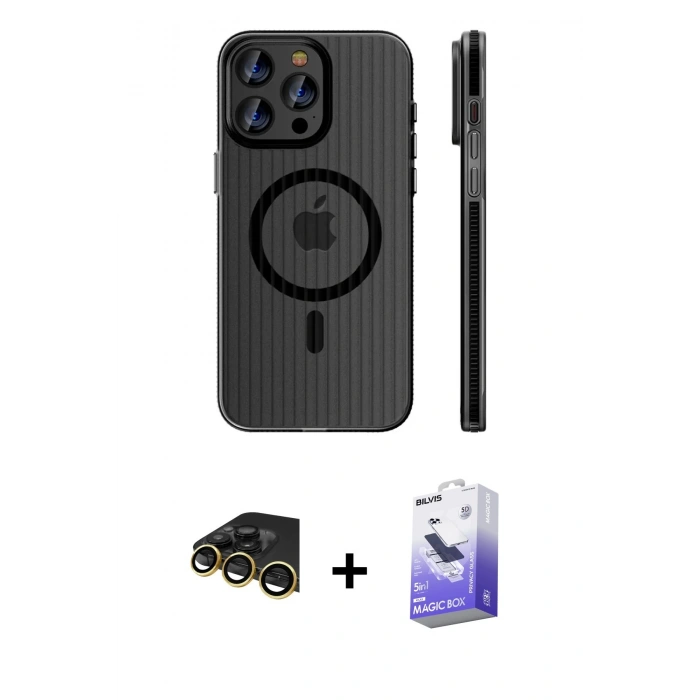 MARSİLYAN™- iPhone 14 Pro Max Kılıf Pusula Minimal Koleksiyonu - Siyah Bilvis 5in1 5D Magic Hayalet Cam Ekran Koruyucu + Raze Metal Kamera Lens - GD