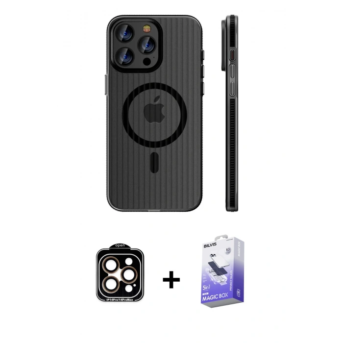 MARSİLYAN™- iPhone 14 Pro Max Kılıf Pusula Minimal Koleksiyonu - Siyah Bilvis 5in1 5D Magic Hayalet Cam Ekran Koruyucu + PVD Metal Kamera Lens - TU