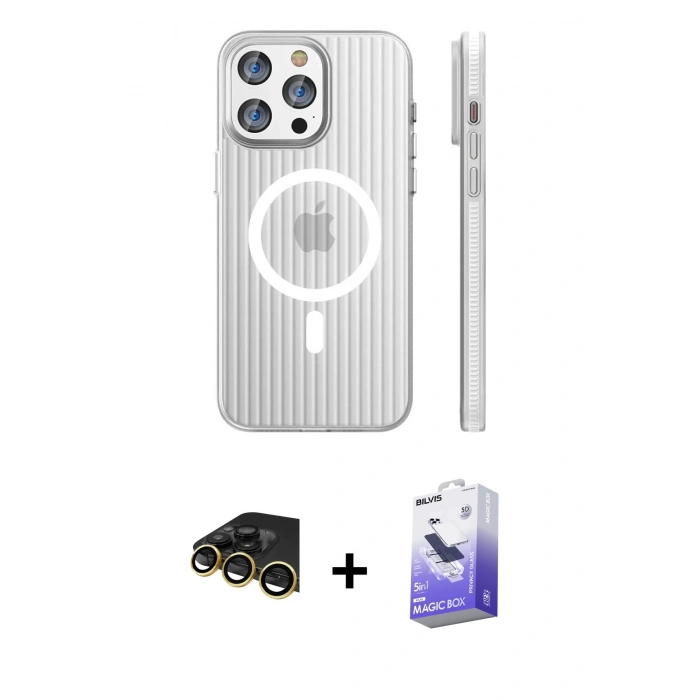MARSİLYAN™- iPhone 14 Pro Max Kılıf Pusula Minimal Koleksiyonu - Siyah Bilvis 5in1 5D Magic Hayalet Cam Ekran Koruyucu + Raze Metal Kamera Lens - GD
