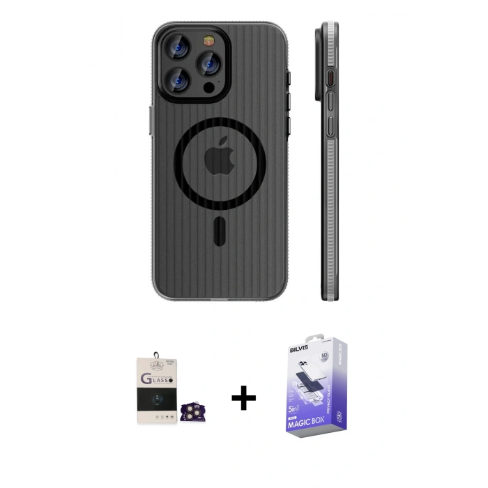 MARSİLYAN™- iPhone 14 Pro Max Kılıf Pusula Minimal Koleksiyonu - Siyah Bilvis 5in1 5D Magic Hayalet Cam Ekran Koruyucu + Bilvis Titan Kamera Lens - GD