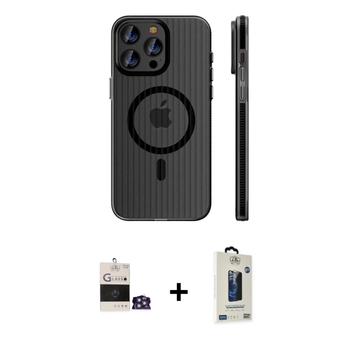 MARSİLYAN™- iPhone 14 Pro Max Kılıf Pusula Minimal Koleksiyonu - Siyah Bilvis Hayalet Cam Ekran Koruyucu + Bilvis Titan Kamera Lens - GS