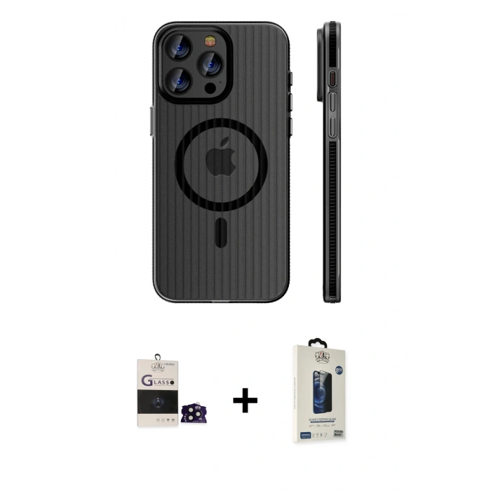 MARSİLYAN™- iPhone 14 Pro Max Kılıf Pusula Minimal Koleksiyonu - Siyah Bilvis Hayalet Cam Ekran Koruyucu + Bilvis Titan Kamera Lens - SH