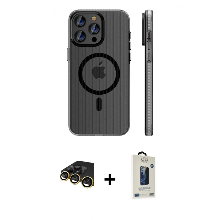 MARSİLYAN™- iPhone 14 Pro Max Kılıf Pusula Minimal Koleksiyonu - Siyah Bilvis Hayalet Cam Ekran Koruyucu + Raze Metal Kamera Lens - GD