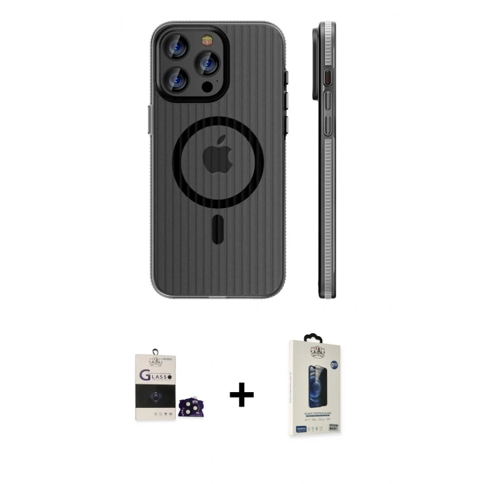 MARSİLYAN™- iPhone 14 Pro Max Kılıf Pusula Minimal Koleksiyonu - Siyah Bilvis Hayalet Cam Ekran Koruyucu + Bilvis Titan Kamera Lens - SH