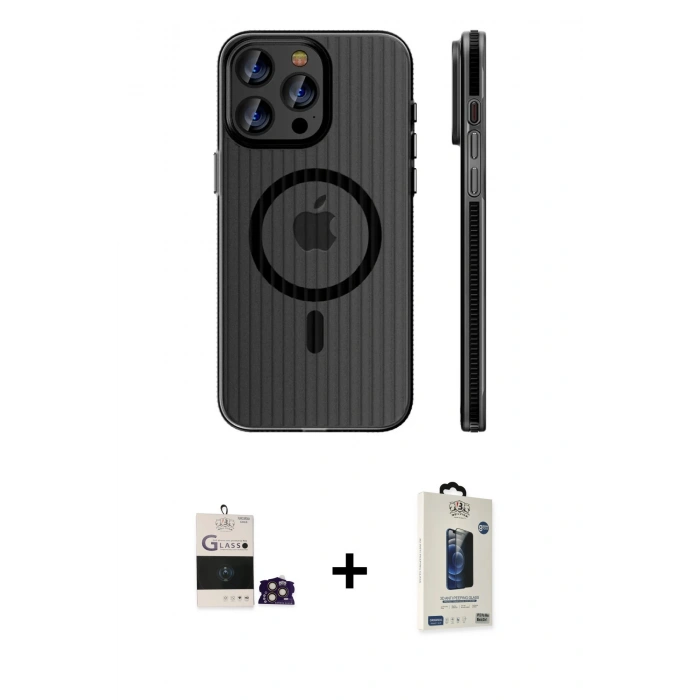 MARSİLYAN™- iPhone 14 Pro Max Kılıf Pusula Minimal Koleksiyonu - Siyah Bilvis Hayalet Cam Ekran Koruyucu + Bilvis Titan Kamera Lens - GD