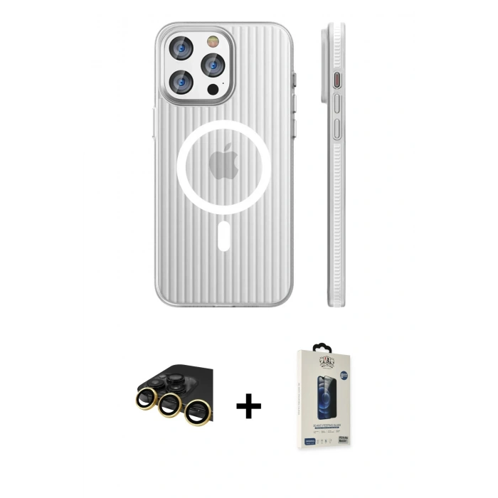 MARSİLYAN™- iPhone 14 Pro Max Kılıf Pusula Minimal Koleksiyonu - Siyah Bilvis Hayalet Cam Ekran Koruyucu + Raze Metal Kamera Lens - GD