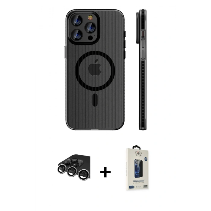 MARSİLYAN™- iPhone 14 Pro Max Kılıf Pusula Minimal Koleksiyonu - Siyah Bilvis Hayalet Cam Ekran Koruyucu + Raze Metal Kamera Lens - GS