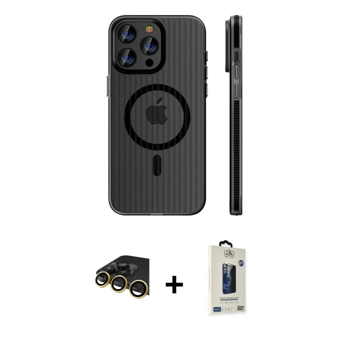 MARSİLYAN™- iPhone 14 Pro Max Kılıf Pusula Minimal Koleksiyonu - Siyah Bilvis Hayalet Cam Ekran Koruyucu + Raze Metal Kamera Lens - GD