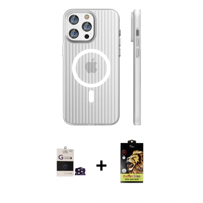 MARSİLYAN™- iPhone 14 Pro Max Kılıf Pusula Minimal Koleksiyonu - Siyah Buffer Cam Ekran Koruyucu + Bilvis Titan Kamera Lens - DNMR