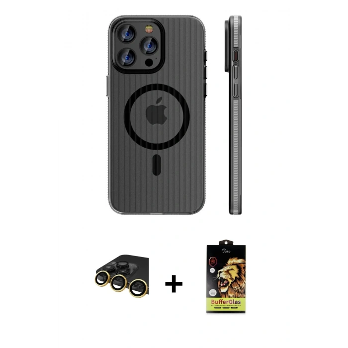 MARSİLYAN™- iPhone 14 Pro Max Kılıf Pusula Minimal Koleksiyonu - Siyah Buffer Cam Ekran Koruyucu + Gold Raze Metal Kamera Lens
