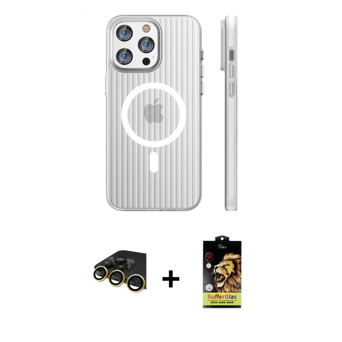 MARSİLYAN™- iPhone 14 Pro Max Kılıf Pusula Minimal Koleksiyonu - Siyah Buffer Cam Ekran Koruyucu + Gold Raze Metal Kamera Lens