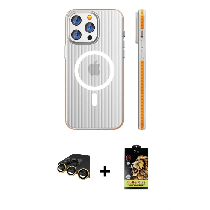 MARSİLYAN™- iPhone 14 Pro Max Kılıf Pusula Minimal Koleksiyonu - Siyah Buffer Cam Ekran Koruyucu + Gold Raze Metal Kamera Lens