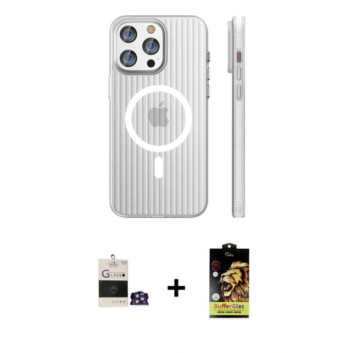 MARSİLYAN™- iPhone 14 Pro Max Kılıf Pusula Minimal Koleksiyonu - Siyah Buffer Cam Ekran Koruyucu + Gümüş Bilvis Titan Kamera Lens