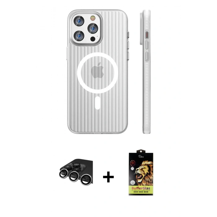 MARSİLYAN™- iPhone 14 Pro Max Kılıf Pusula Minimal Koleksiyonu - Siyah Buffer Cam Ekran Koruyucu + Raze Metal Kamera Lens - GS