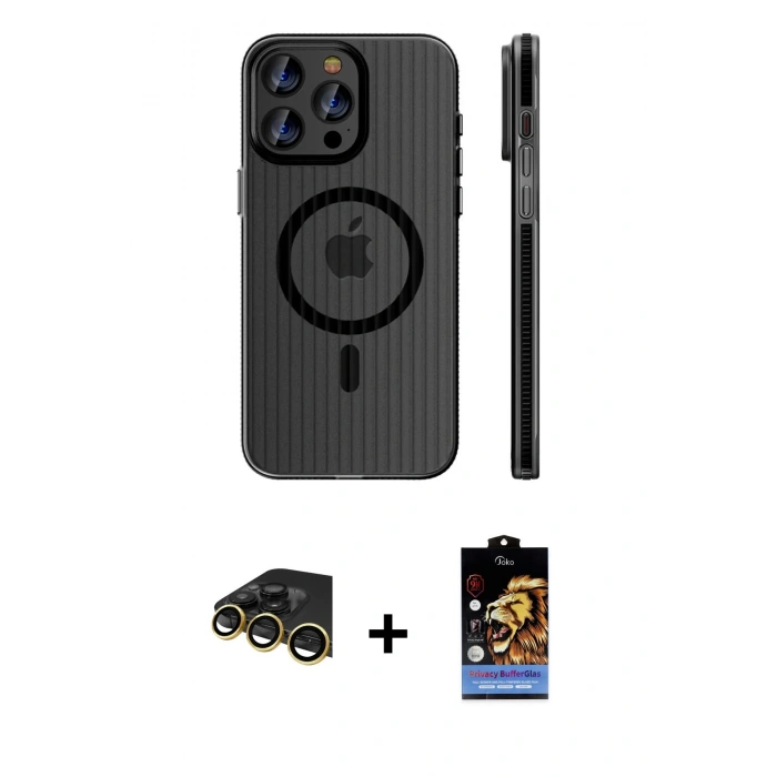 MARSİLYAN™- iPhone 14 Pro Max Kılıf Pusula Minimal Koleksiyonu - Siyah Buffer Hayalet Cam Ekran Koruyucu + Gold Raze Metal Kamera Lens