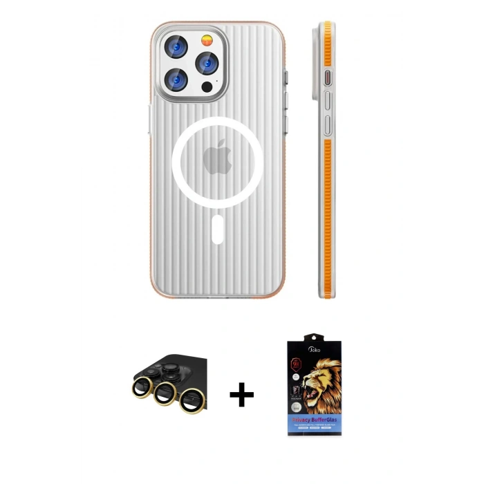 MARSİLYAN™- iPhone 14 Pro Max Kılıf Pusula Minimal Koleksiyonu - Siyah Buffer Hayalet Cam Ekran Koruyucu + Gold Raze Metal Kamera Lens