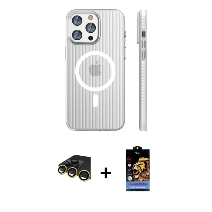 MARSİLYAN™- iPhone 14 Pro Max Kılıf Pusula Minimal Koleksiyonu - Siyah Buffer Hayalet Cam Ekran Koruyucu + Gold Raze Metal Kamera Lens