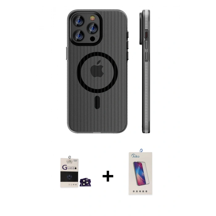 MARSİLYAN™- iPhone 14 Pro Max Kılıf Pusula Minimal Koleksiyonu - Siyah Joko 5D Cam + Derin Mor Bilvis Titan Kamera Lens