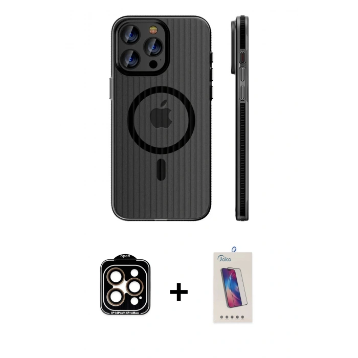 MARSİLYAN™- iPhone 14 Pro Max Kılıf Pusula Minimal Koleksiyonu - Siyah Joko 5D Cam + PVD Metal Kamera Lens - TU
