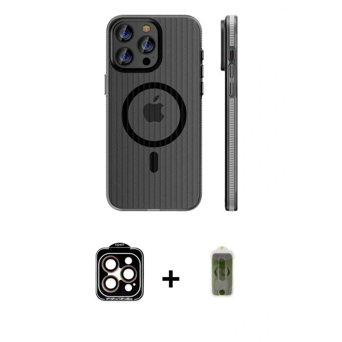 MARSİLYAN™- iPhone 14 Pro Max Kılıf Pusula Minimal Koleksiyonu - Siyah Joko Magic 5D Hayalet Cam + PVD Metal Kamera Lens - TU