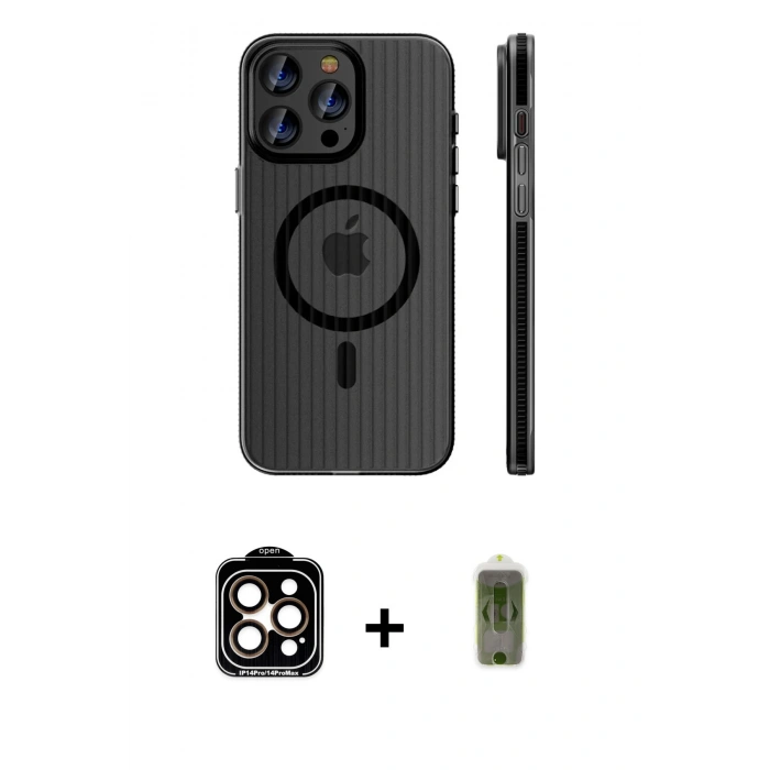 MARSİLYAN™- iPhone 14 Pro Max Kılıf Pusula Minimal Koleksiyonu - Siyah Joko Magic 5D Hayalet Cam + PVD Metal Kamera Lens - TU