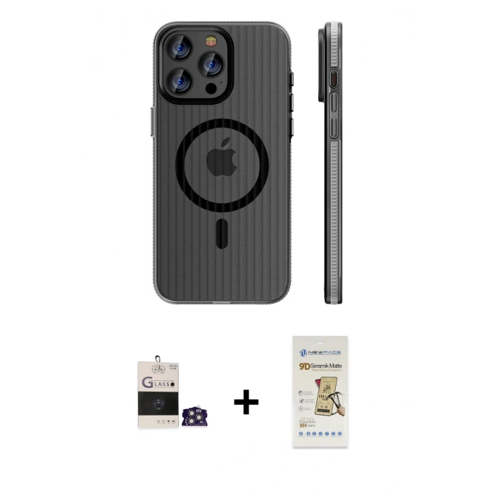 MARSİLYAN™- iPhone 14 Pro Max Kılıf Pusula Minimal Koleksiyonu - Siyah Mat Seramik Nano Ekran Koruyucu + Bilvis Titan Kamera Lens - GS