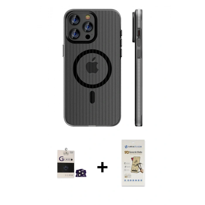 MARSİLYAN™- iPhone 14 Pro Max Kılıf Pusula Minimal Koleksiyonu - Siyah Mat Seramik Nano Ekran Koruyucu + Bilvis Titan Kamera Lens - DNMR
