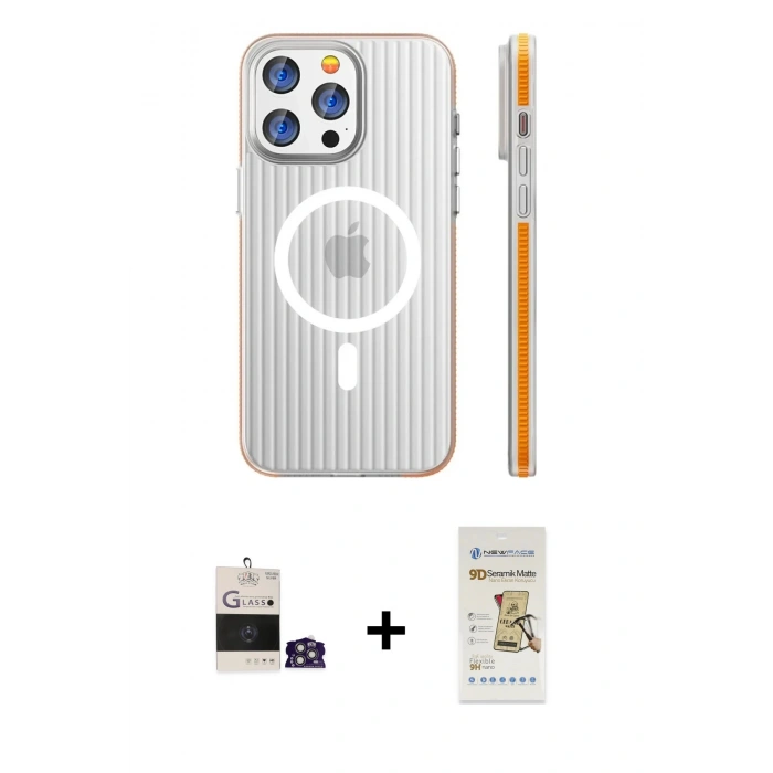 MARSİLYAN™- iPhone 14 Pro Max Kılıf Pusula Minimal Koleksiyonu - Siyah Mat Seramik Nano Ekran Koruyucu + Bilvis Titan Kamera Lens - GS