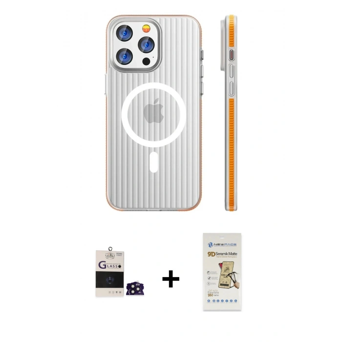 MARSİLYAN™- iPhone 14 Pro Max Kılıf Pusula Minimal Koleksiyonu - Siyah Mat Seramik Nano Ekran Koruyucu + Bilvis Titan Kamera Lens - DNMR