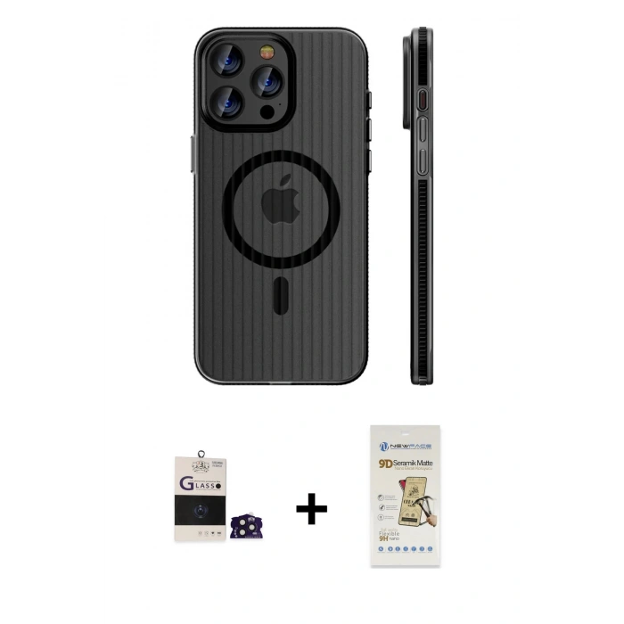 MARSİLYAN™- iPhone 14 Pro Max Kılıf Pusula Minimal Koleksiyonu - Siyah Mat Seramik Nano Ekran Koruyucu + Bilvis Titan Kamera Lens - DNMR