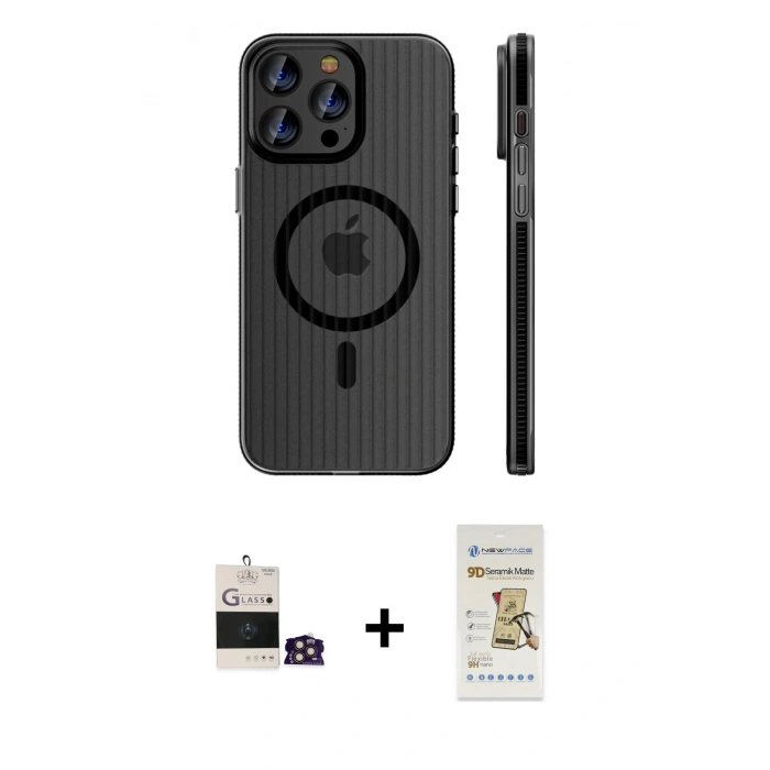 MARSİLYAN™- iPhone 14 Pro Max Kılıf Pusula Minimal Koleksiyonu - Siyah Mat Seramik Nano Ekran Koruyucu + Bilvis Titan Kamera Lens - GD