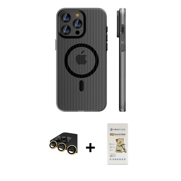 MARSİLYAN™- iPhone 14 Pro Max Kılıf Pusula Minimal Koleksiyonu - Siyah Mat Seramik Nano Ekran Koruyucu + Raze Metal Kamera Lens - GD