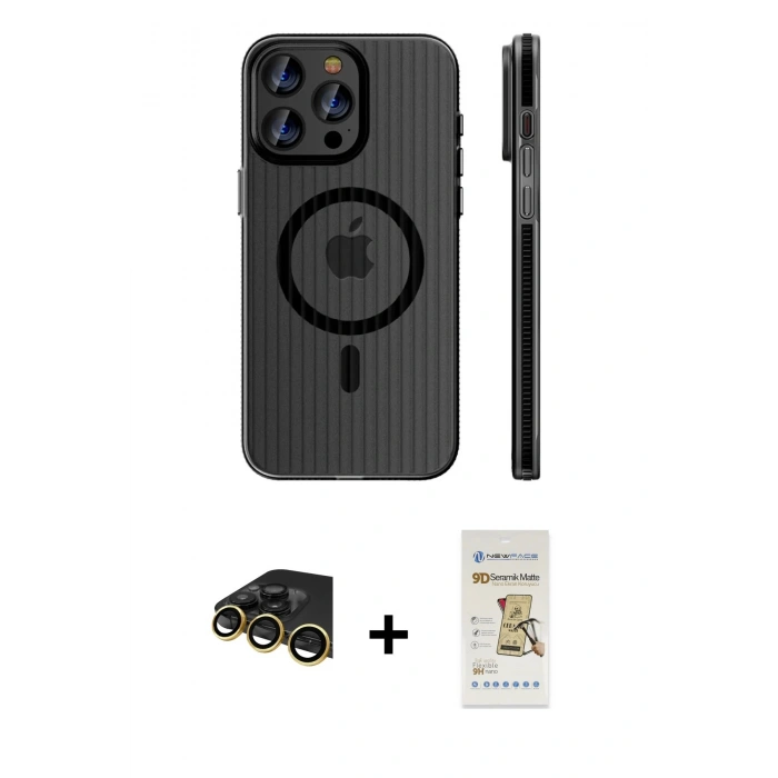 MARSİLYAN™- iPhone 14 Pro Max Kılıf Pusula Minimal Koleksiyonu - Siyah Mat Seramik Nano Ekran Koruyucu + Raze Metal Kamera Lens - GD