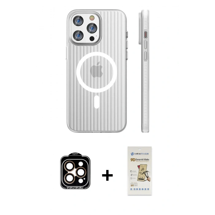 MARSİLYAN™- iPhone 14 Pro Max Kılıf Pusula Minimal Koleksiyonu - Siyah Mat Seramik Nano Ekran Koruyucu + PVD Metal Kamera Lens - TU