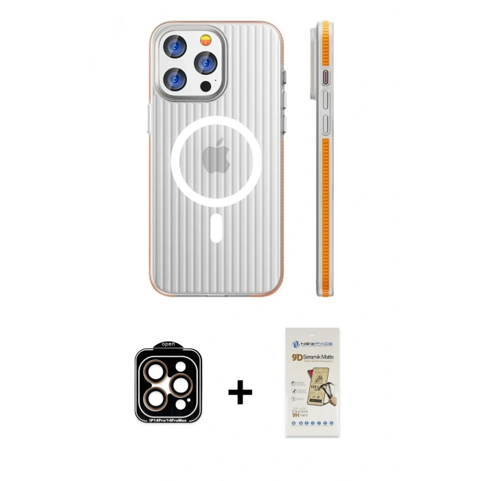 MARSİLYAN™- iPhone 14 Pro Max Kılıf Pusula Minimal Koleksiyonu - Siyah Mat Seramik Nano Ekran Koruyucu + PVD Metal Kamera Lens - TU