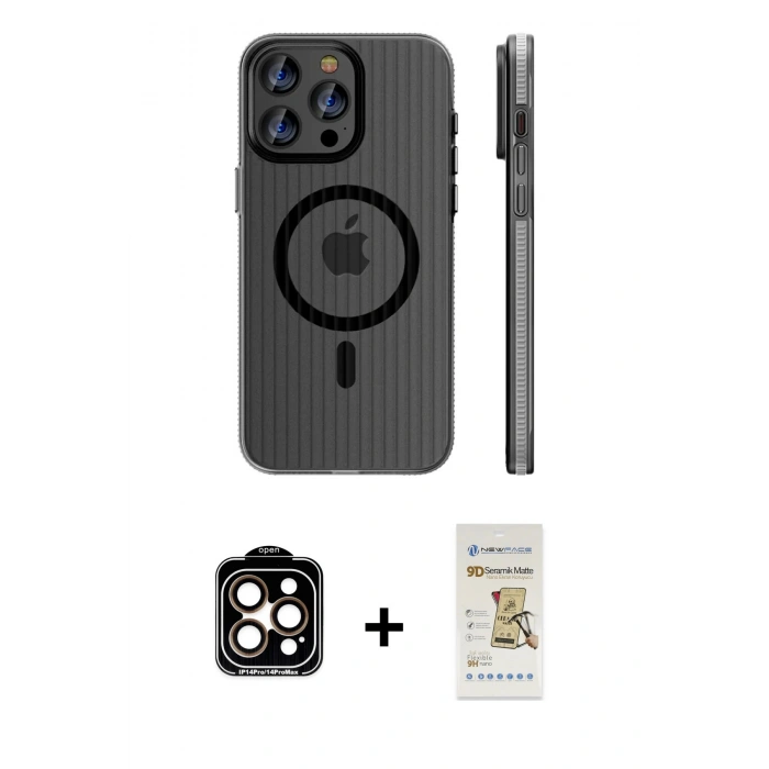MARSİLYAN™- iPhone 14 Pro Max Kılıf Pusula Minimal Koleksiyonu - Siyah Mat Seramik Nano Ekran Koruyucu + PVD Metal Kamera Lens - TU