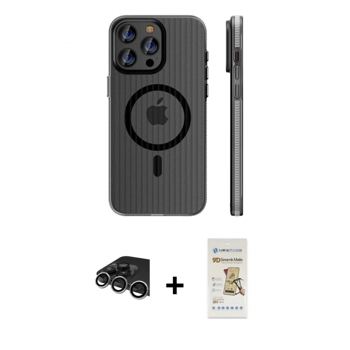 MARSİLYAN™- iPhone 14 Pro Max Kılıf Pusula Minimal Koleksiyonu - Siyah Mat Seramik Nano Ekran Koruyucu + Raze Metal Kamera Lens - GS