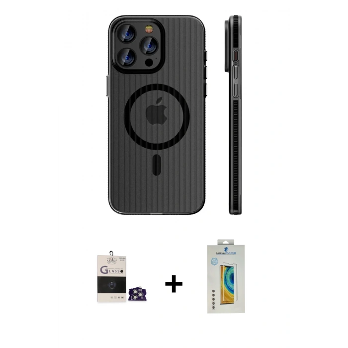 MARSİLYAN™- iPhone 14 Pro Max Kılıf Pusula Minimal Koleksiyonu - Siyah Polymer Nano Ekran Koruyucu + Bilvis Titan Kamera Lens - GS