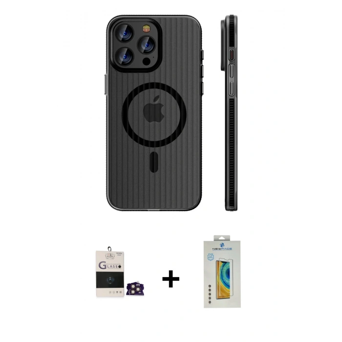 MARSİLYAN™- iPhone 14 Pro Max Kılıf Pusula Minimal Koleksiyonu - Siyah Polymer Nano Ekran Koruyucu + Bilvis Titan Kamera Lens - GD