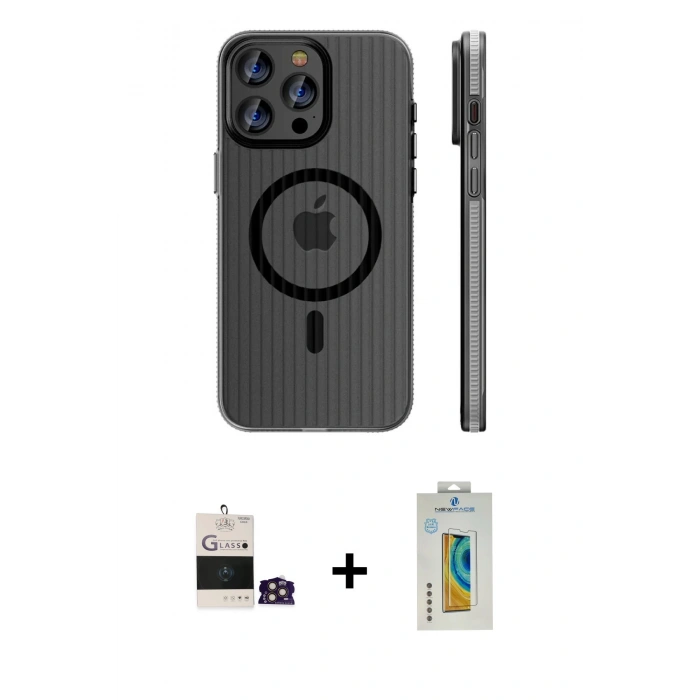 MARSİLYAN™- iPhone 14 Pro Max Kılıf Pusula Minimal Koleksiyonu - Siyah Polymer Nano Ekran Koruyucu + Bilvis Titan Kamera Lens - GD