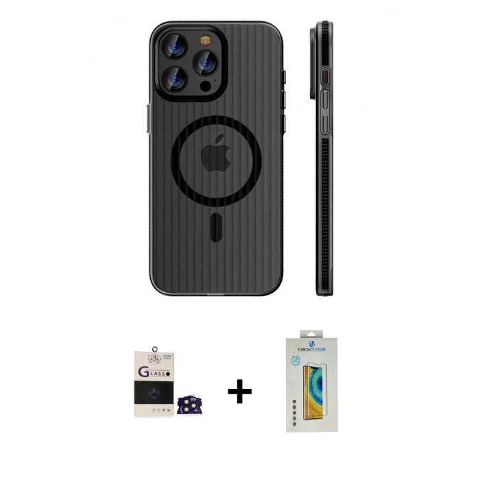 MARSİLYAN™- iPhone 14 Pro Max Kılıf Pusula Minimal Koleksiyonu - Siyah Polymer Nano Ekran Koruyucu + Bilvis Titan Kamera Lens - DNMR