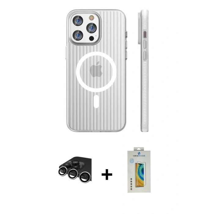 MARSİLYAN™- iPhone 14 Pro Max Kılıf Pusula Minimal Koleksiyonu - Siyah Polymer Nano Ekran Koruyucu + Gümüş Raze Metal Kamera Lens