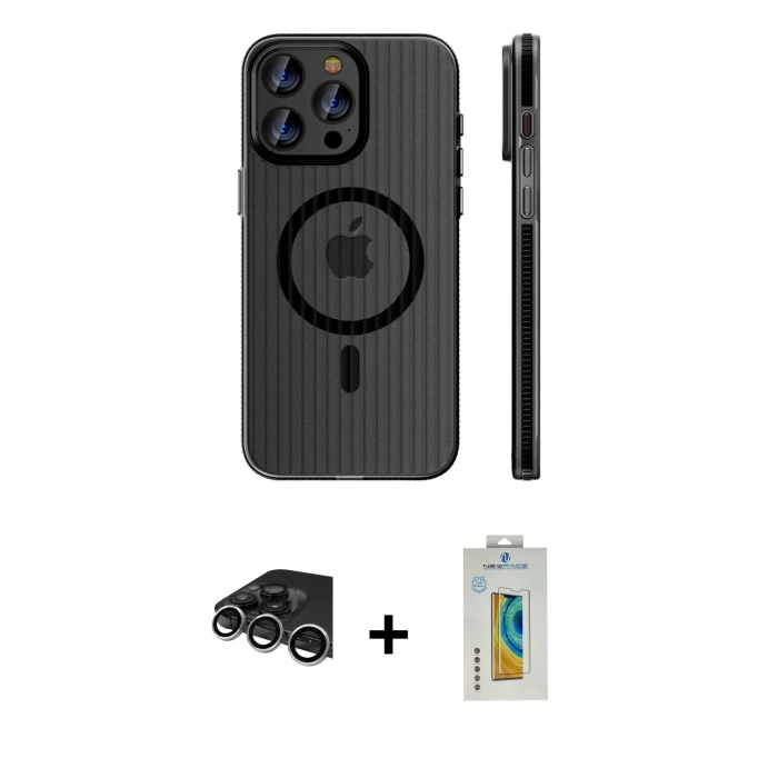 MARSİLYAN™- iPhone 14 Pro Max Kılıf Pusula Minimal Koleksiyonu - Siyah Polymer Nano Ekran Koruyucu + Gümüş Raze Metal Kamera Lens