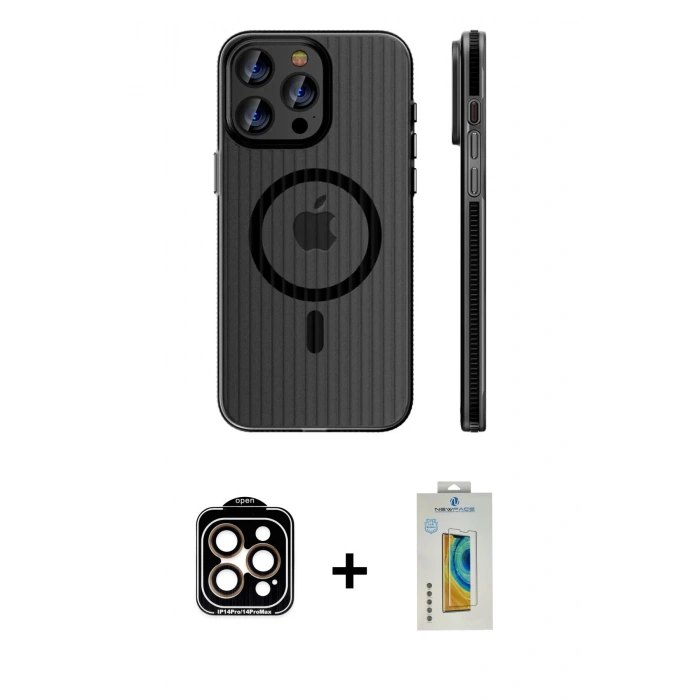 MARSİLYAN™- iPhone 14 Pro Max Kılıf Pusula Minimal Koleksiyonu - Siyah Polymer Nano Ekran Koruyucu + PVD Metal Kamera Lens - TU