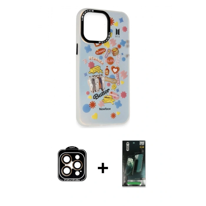 MARSİLYAN™- iPhone 14 Pro Max Kılıf Siluet Çizgi Koleksiyonu - Şeffaf 360 Full Body Arka Koruyucu + PVD Metal Kamera Lens - TU