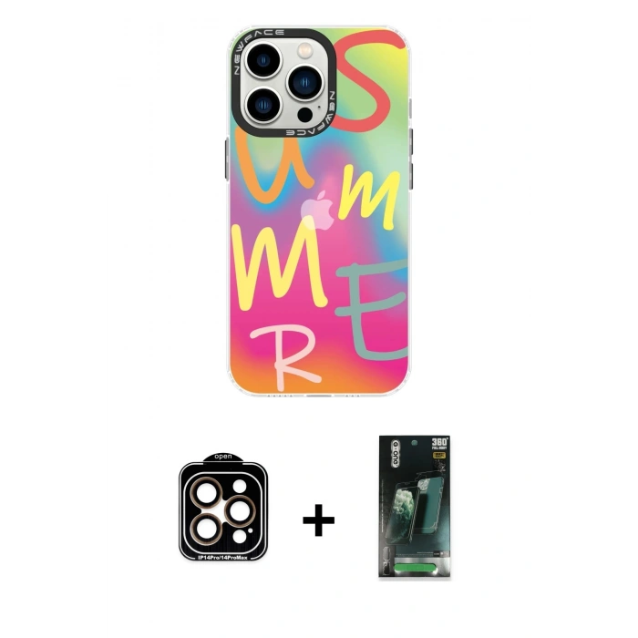 MARSİLYAN™- iPhone 14 Pro Max Kılıf Siluet Çizgi Koleksiyonu - Şeffaf 360 Full Body Arka Koruyucu + PVD Metal Kamera Lens - TU