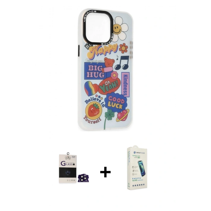 MARSİLYAN™- iPhone 14 Pro Max Kılıf Siluet Çizgi Koleksiyonu - Şeffaf Pasifik Cam Ekran Koruyucu + Bilvis Titan Kamera Lens - DNMR